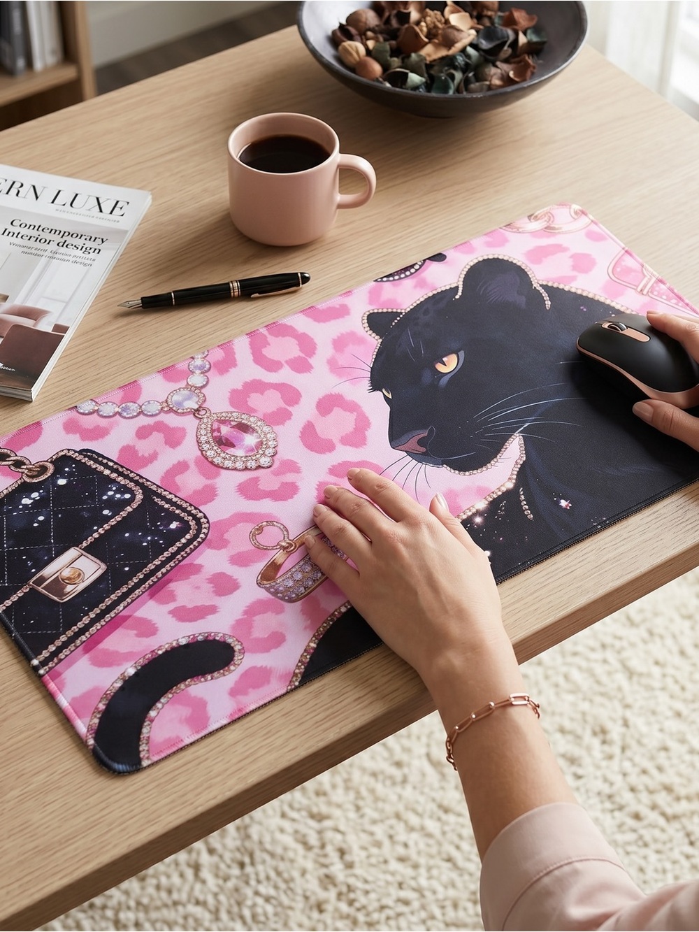 Pink Leopard Print Desk Mat with Black Panther